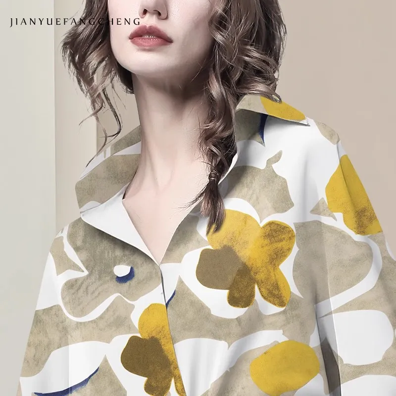 2025 été imprimé col rabattu petit haut femmes mode Style occidental chemise sept manches travail blouses décontractées