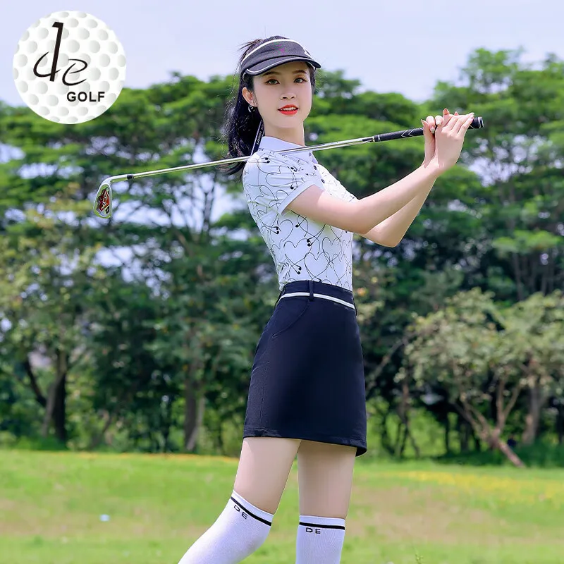 Golfkleding Dames Balpak Set High-End Polo Hals Love Korte Mouw Elastische T-Shirt Zwart Slank Rok