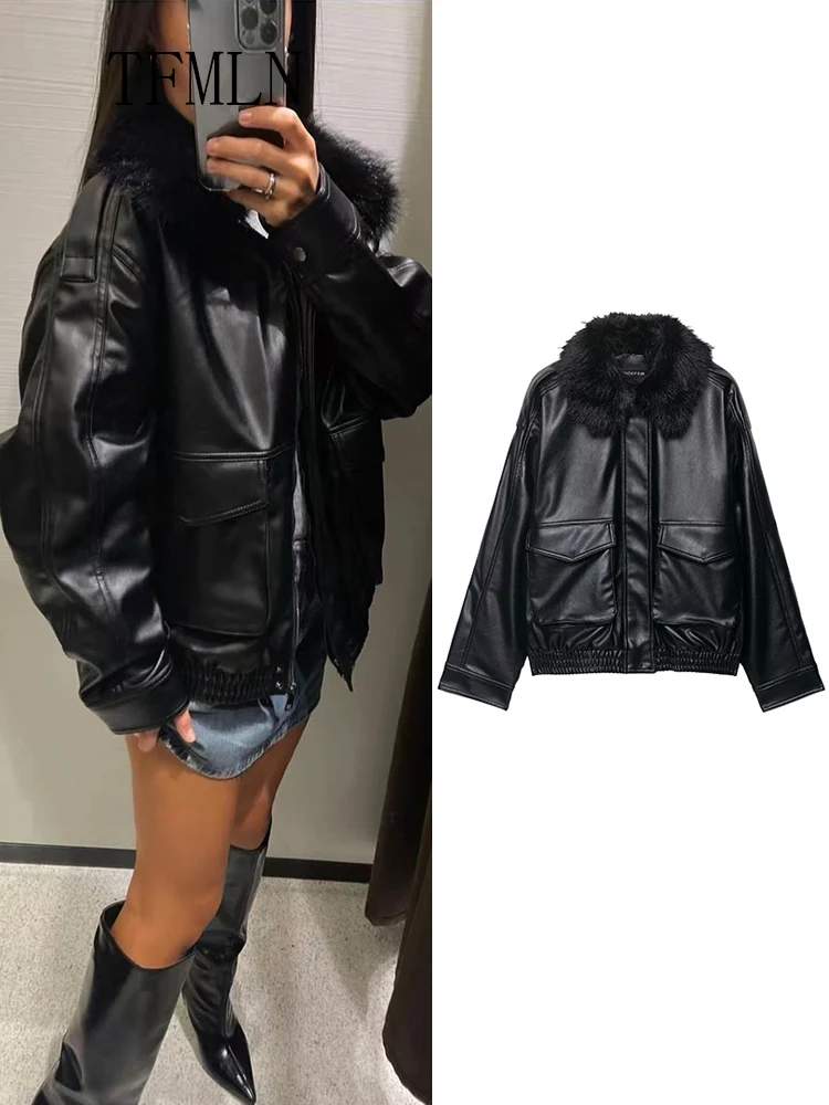 레트로 루즈 핏 인조 가죽 재킷 여성용 2025 가을 겨울 탈부착 가능한 칼라 포켓 스트리트웨어 시크 캐주얼 지퍼 두꺼운 코트
