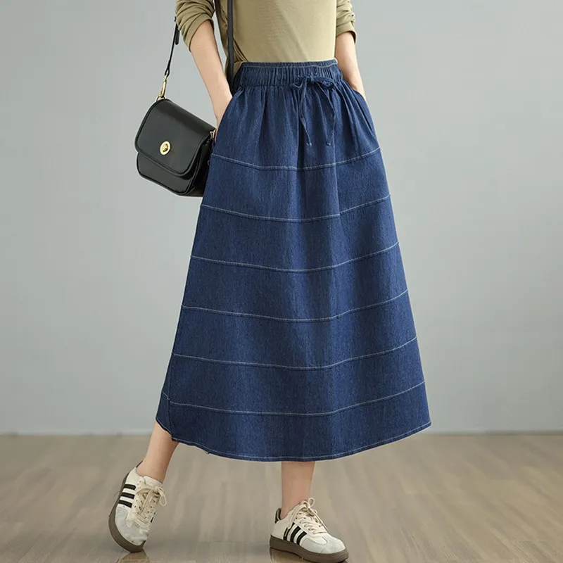 

High Waist A-line Long Skirt Women New Arrival 2024 Autumn Vintage Style Loose Female Basics Denim Casual Skirts B2088