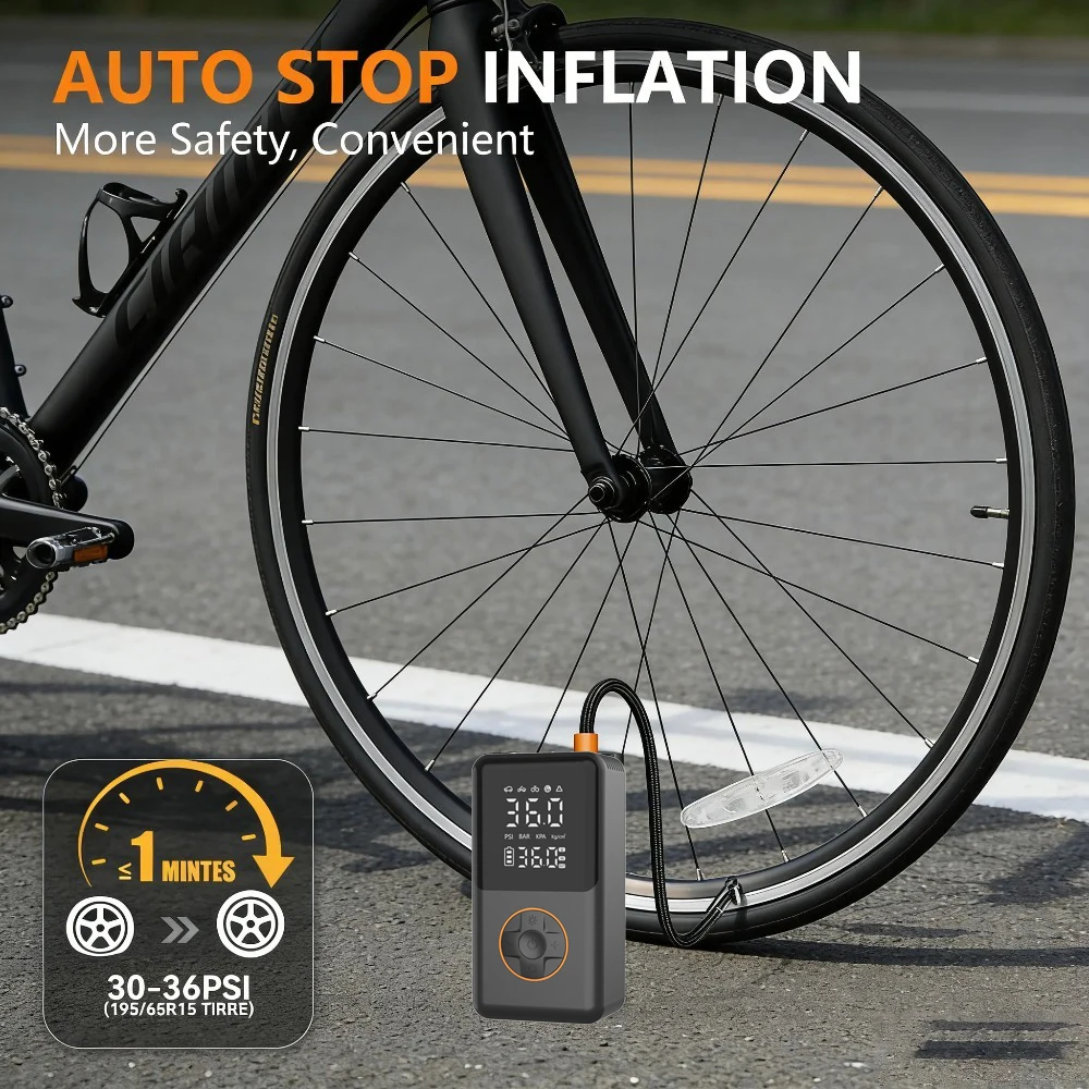 YINGBOOST Mini Bike Tire Pump 150 PSI Tire Inflator Air Compressor Cordless , Air Pump for Car with Pressure Gauge, LED Light view 4