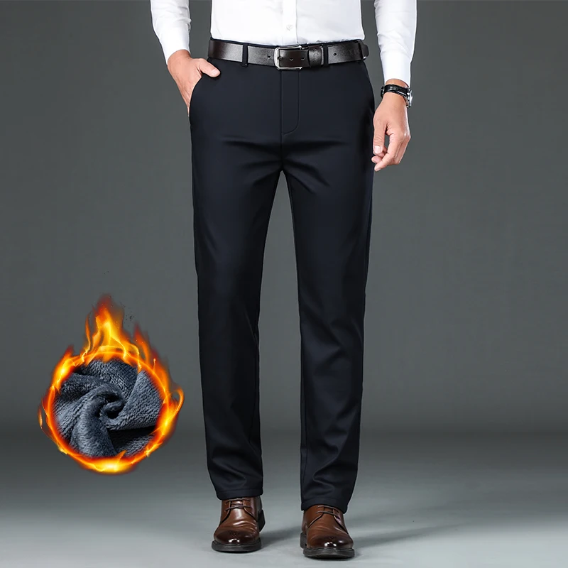 Pantalones informales gruesos de lana para hombre, pantalones rectos de negocios a la moda, pantalones de marca de lana, pantalones holgados y cálidos de felpa para hombre 29-42