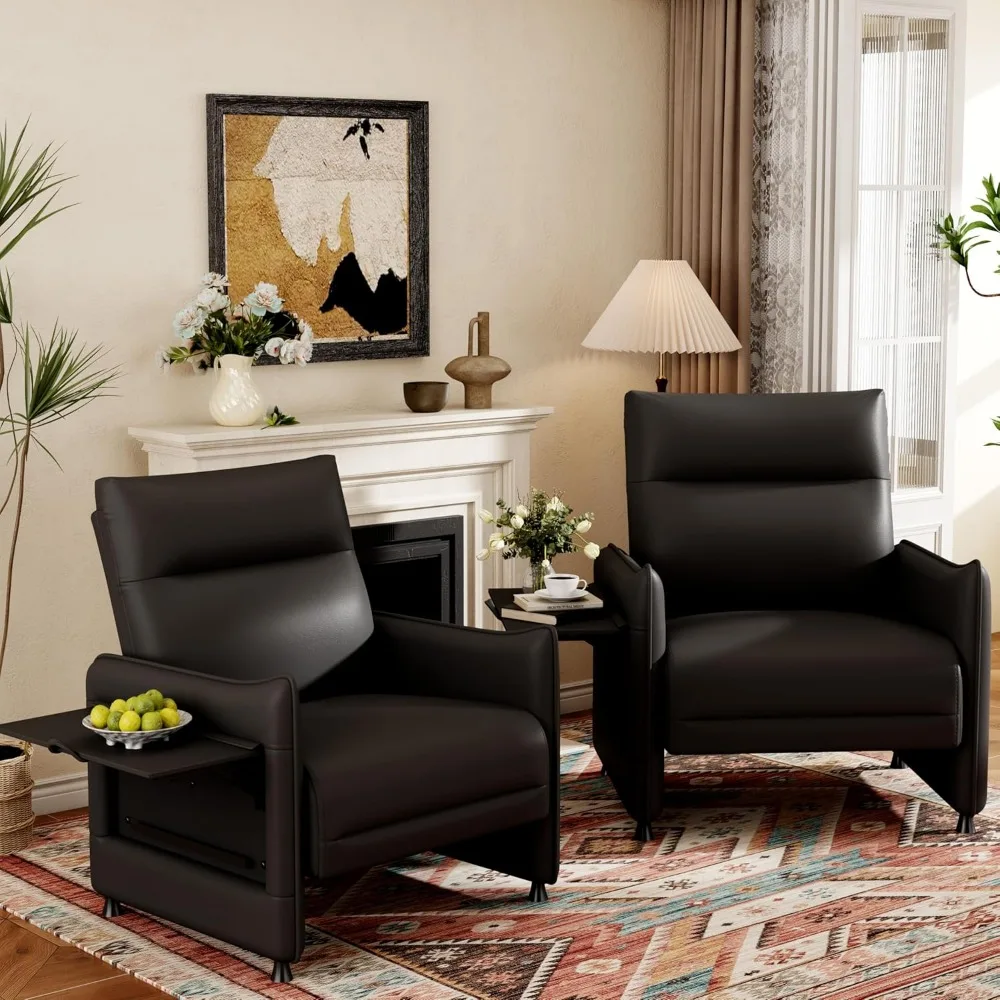 Set of 2 Modern Accent Chairs with Foldable Side Table and Storage Pocket Black