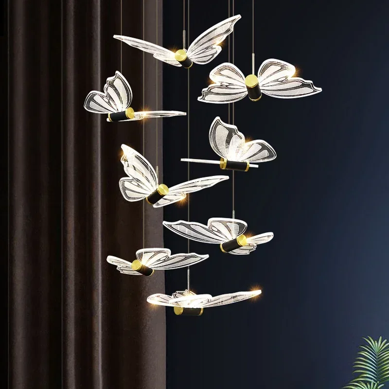 GHJUYIOL YECTSKI Modern living room dining room lamp acrylic butterfly spiral staircase chandelier luxury villa home decoration