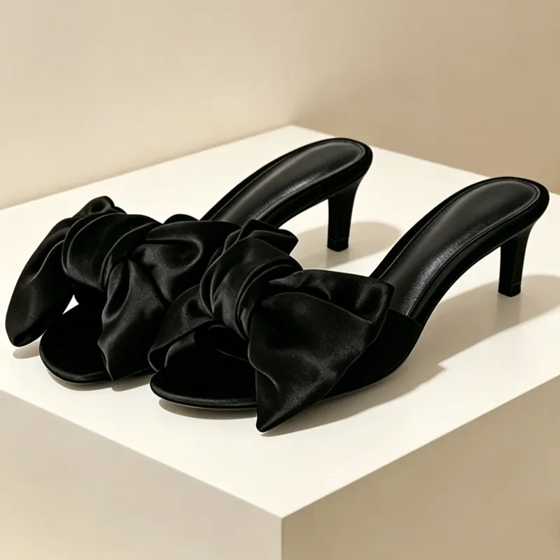Elegant Satin Bow Detail Kitten-Heel Slippers Women High-quality Open-Toe Mules Sandals for Ladies 2026 Summer Party Dress Shoes
