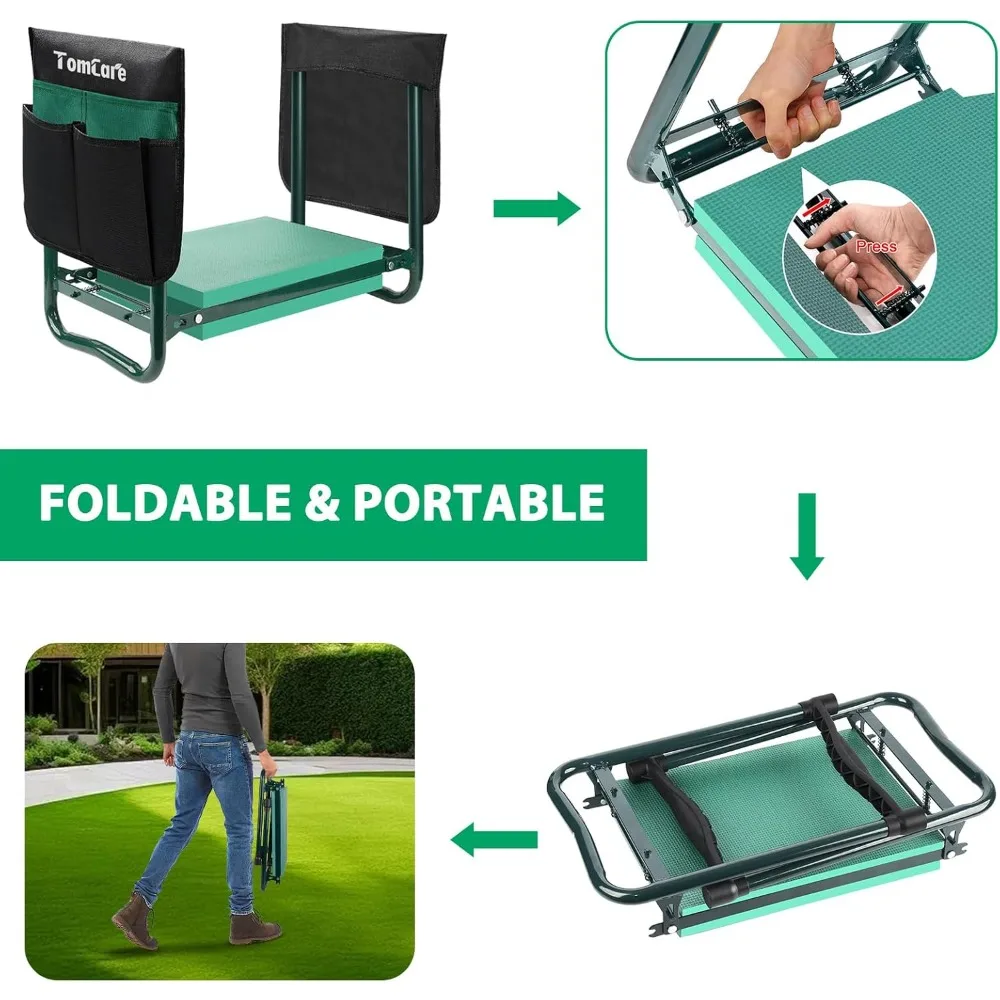 Foldable Garden Kneeler Seat with 10.64" Wide Soft Pad, 400lb Capacity, Tool Pouches & Non-Slip Feet