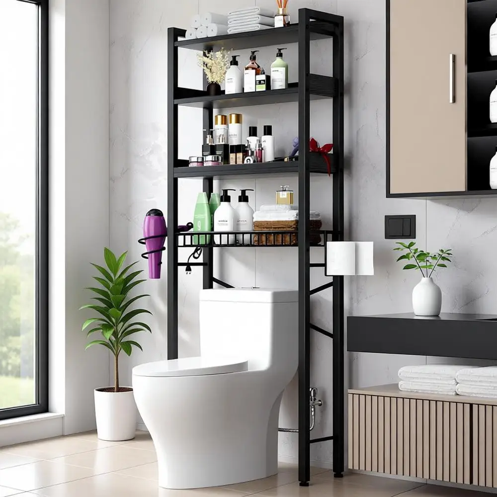 

4-Tier Waterproof Bathroom Storage Cabinet with Adjustable Shelves, Basket, and Dividers - Black