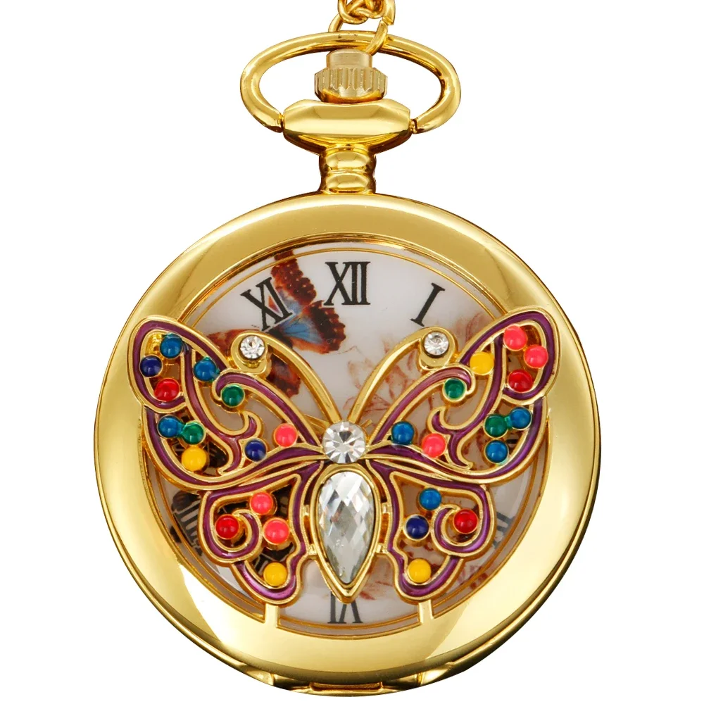 Exquisite Colorful Butterfly Cute Mini Insect  Quartz Pocket Watch Women Girls Necklace Clock Fashion Jewelry Accessories Gifts