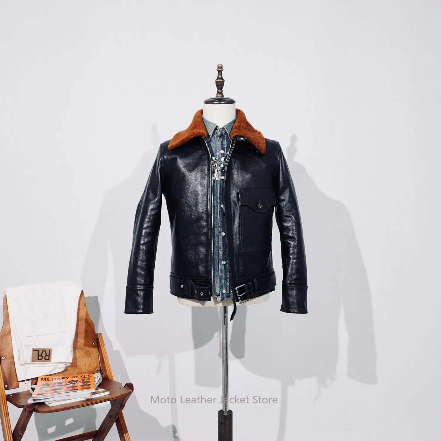 

Мужская классическая летная куртка B2 из конской кожи в американском ретро-стиле Amekaji с шерстяным воротником, мотоциклетная куртка из натуральной кожи