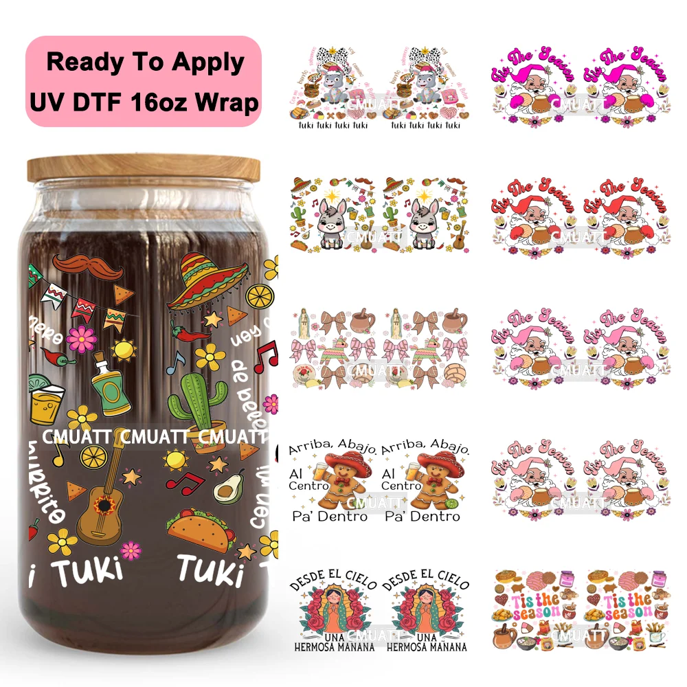 

Feliz Navidad Mexican Christmas Food Xmas 16OZ UV DTF Cup Wraps Ready To Apply Waterproof Transfer Stickers For Libbey Glass Can