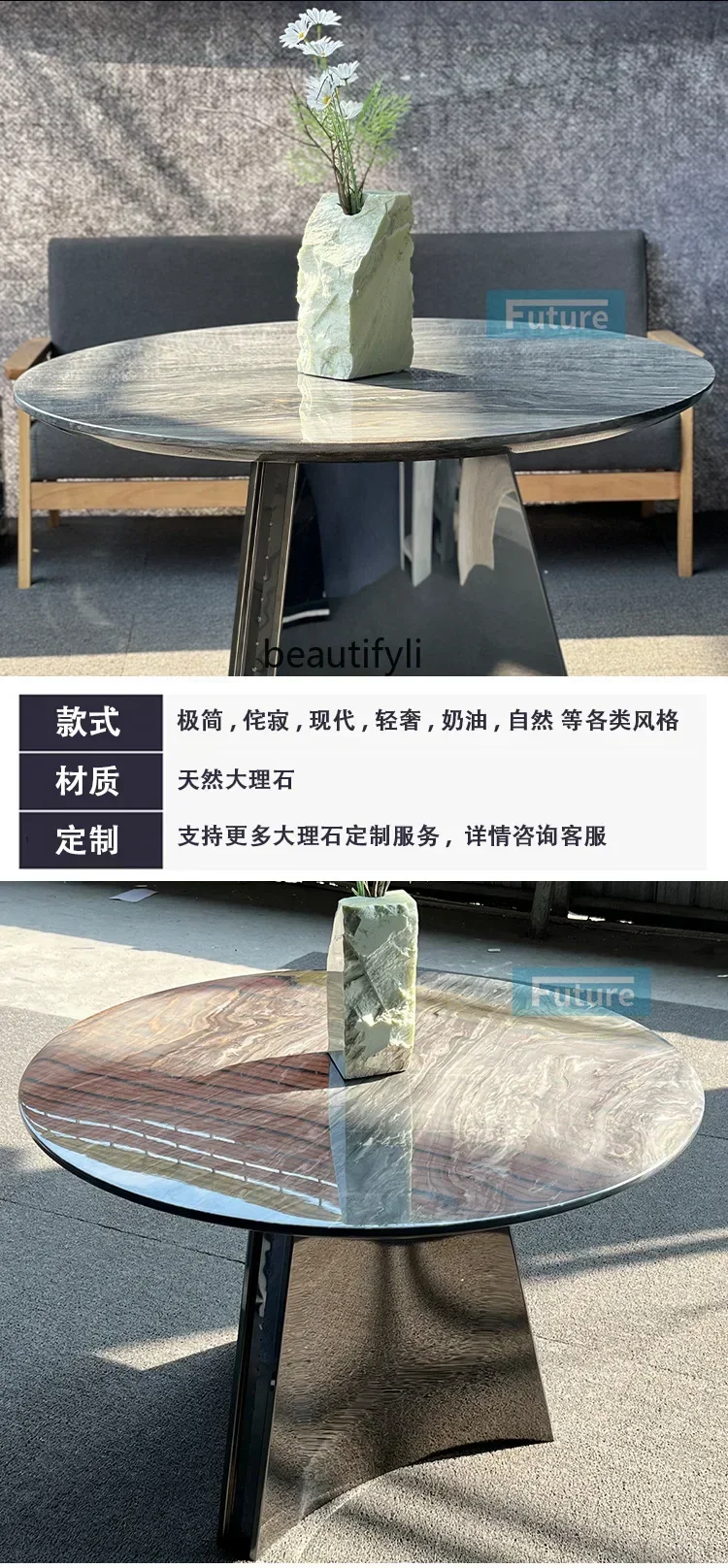 HSimple light luxury natural blue marble round dining table household modern round table