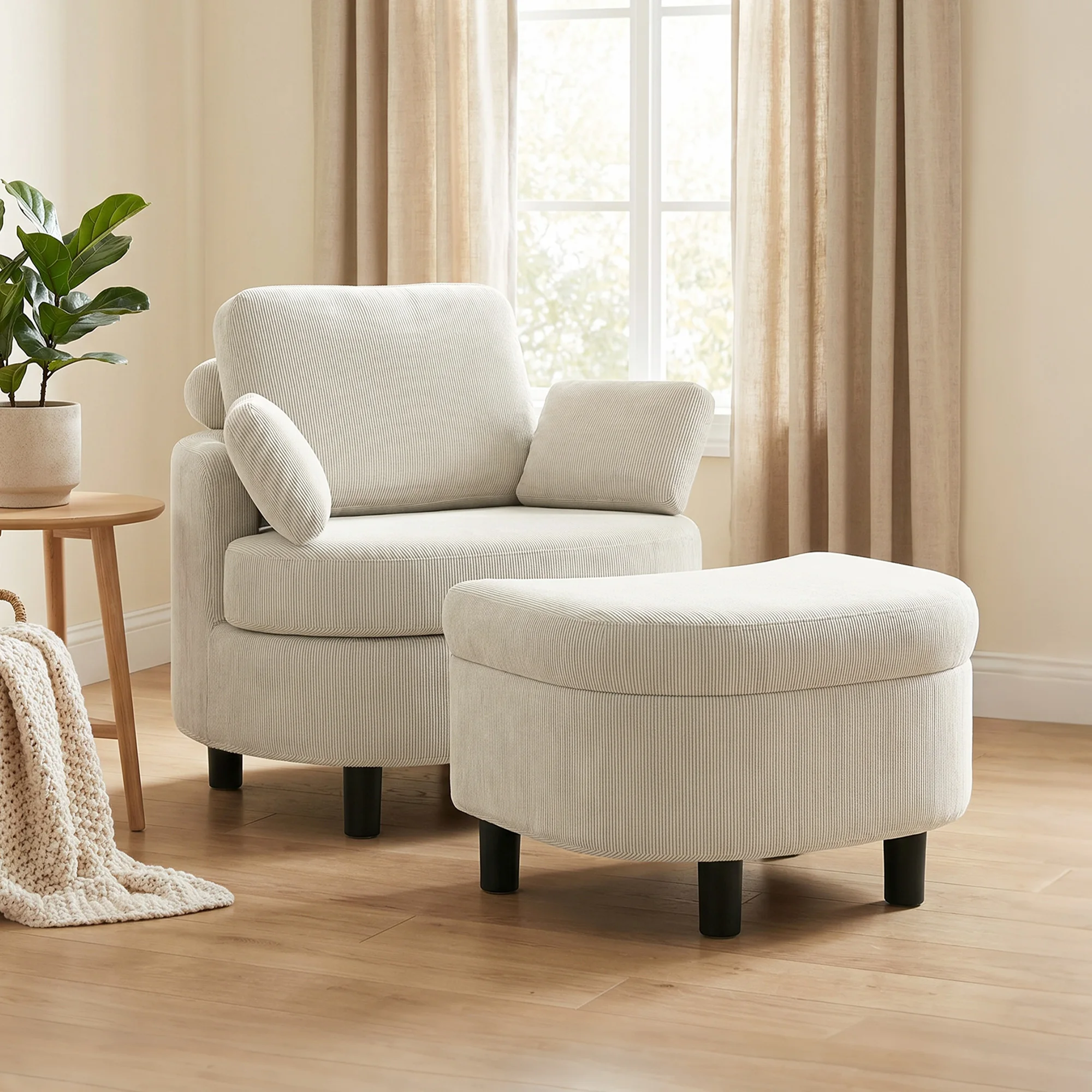 HOMCOM Sessel Loungesessel mit Aufbewahrungshocker, Verstellbare Kopfstütze, Polstersessel mit Kissen, Breiter Sitzfläche, Bequem Relaxsessel aus Cord-Optik für Wohnzimmer, Schlafzimmer, Cremeweiß