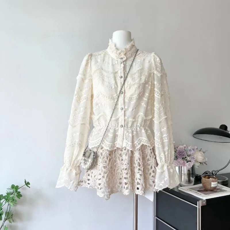 

French Temperament Lace Shirt Hollow Out Skirt Two-piece Set Women Stand Collar Print Single Breasted Sweet Gentle Female Wear