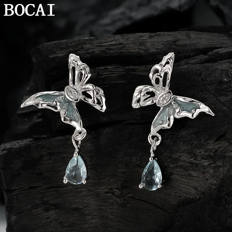 BOCAI S925 Sterling Silver Jewelry Fashionable Enamel Color Hollowed Out Butterfly Earrings Women's Selected Gift