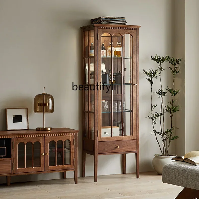 

V North America Black Walnut Retro Wine Cabinet Living Room Hand Office Display Locker Glass Cabinet