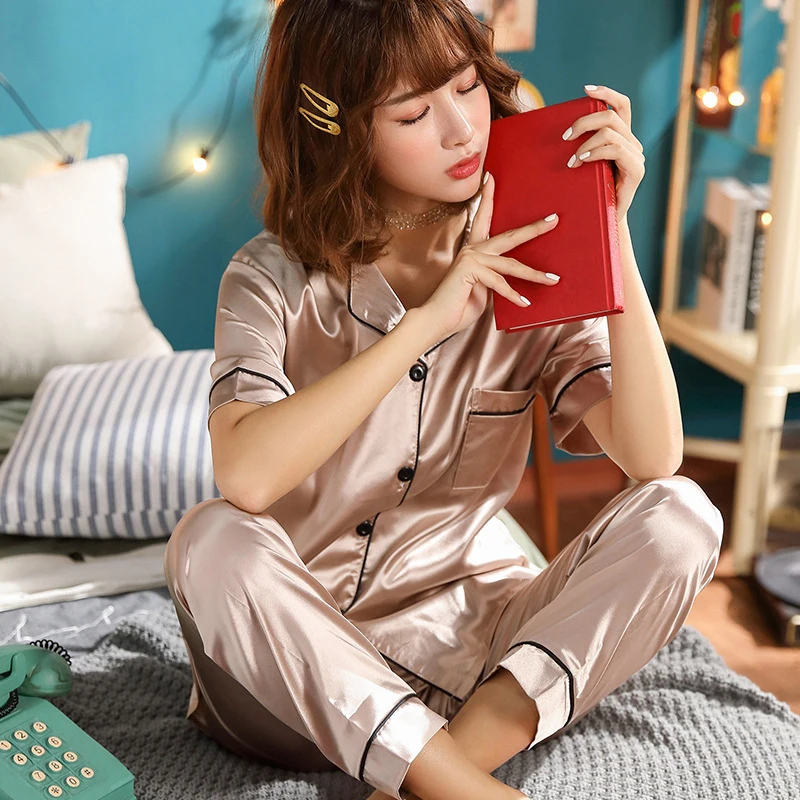 Ice Silk Loungewear Set For Women Short Sleeve Shirt With Long Pants Nightwear Soft 2 Piece Set Sleepwear Spring Summer Pajamas