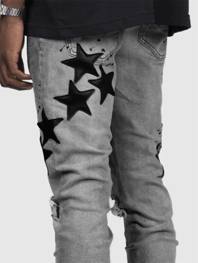 خمر ستار طباعة تمتد الشرير نمط ممزق الجينز الرجال الشارع الشهير موضة جيب الذكور الشباب اليومية عادية الدينيم سروال شكل قلم رصاص