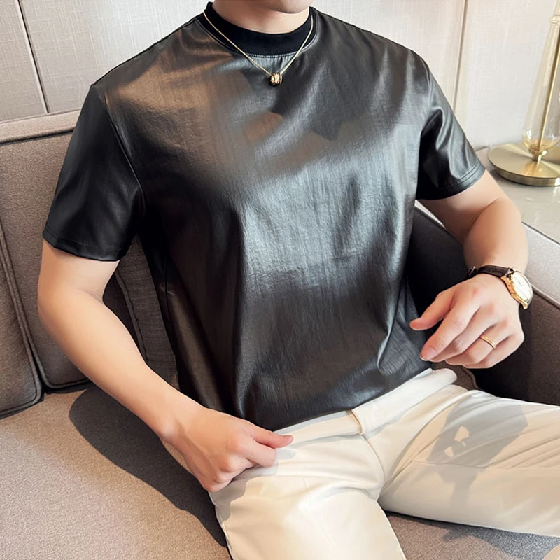 High Quality Coated Faux Leather Short Sleeved Men T Shirt Sexy Slim Fit Bright Striped Men's T-Shirt Bar Stage O-Neck Tee Tops