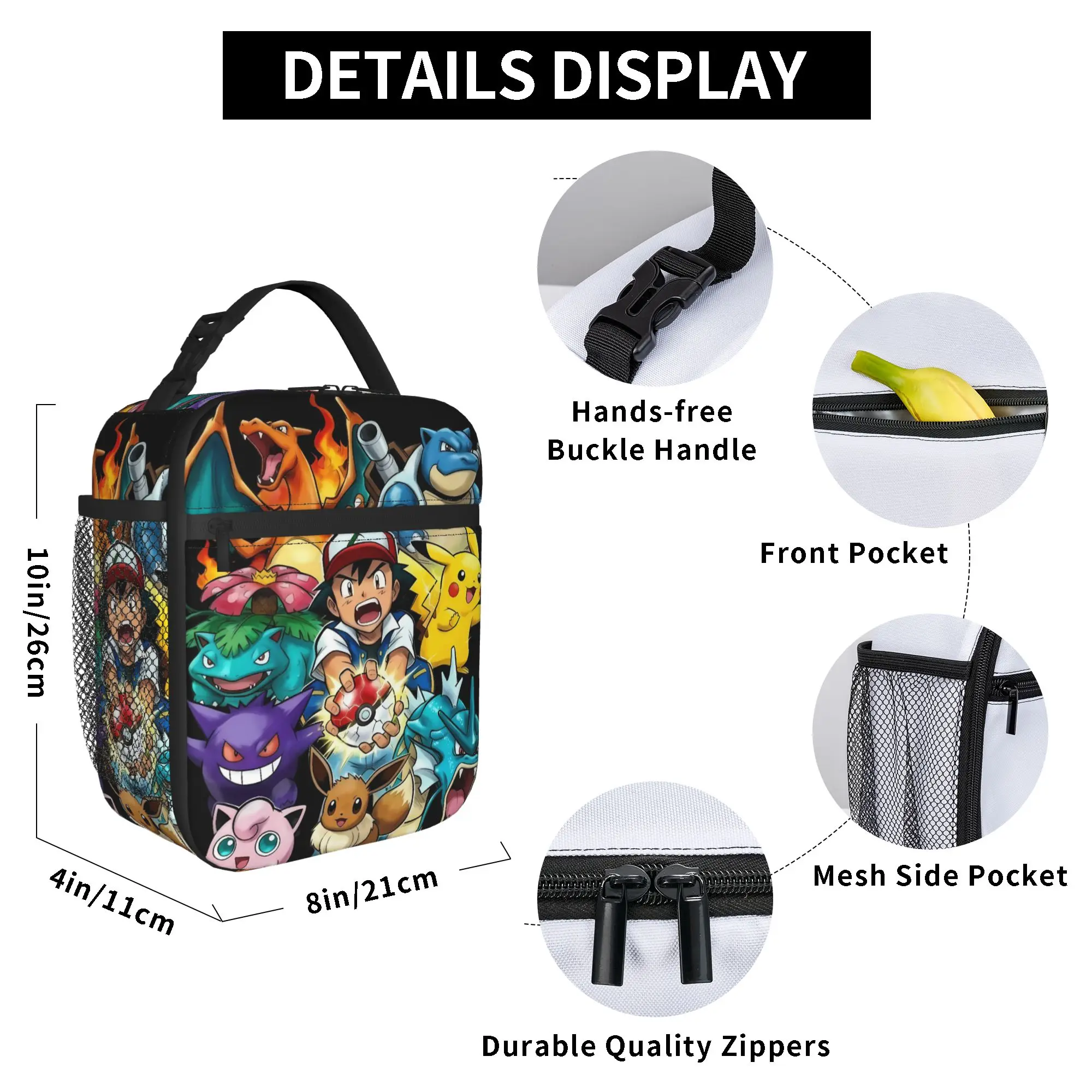 Ash Ketchum Crew Cartoon-Lunchtasche für Männer, individuelle Picknick-Lunchbox, lustige tragbare Oxford-Kühltasche mit Reißverschluss – Detail 6