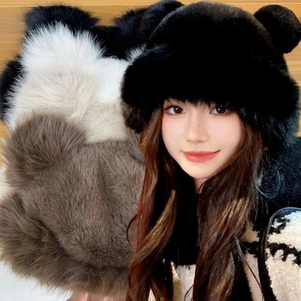 

New Cute Bear Fisherman Hat Windproof Coldproof Warm Hat Warm Fluffy Fur Bucket Hat for Outdoor Cycling Skiing