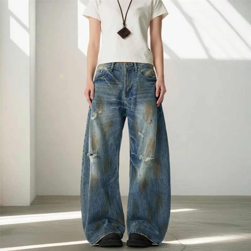 American Style Men's Jeans Washing Contrast Color Dirty-dying Holes Design Straight Leg All-match Male Denim Pants