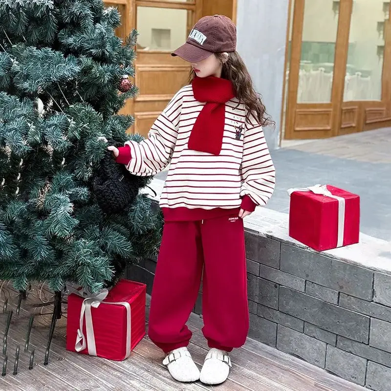 

Top & Pants 2-Piece Set Sweatshirt Cartoon Print Stripe Girl Clothing Autumn Winter Clothes Kids Girl's Girls Korean Style Two
