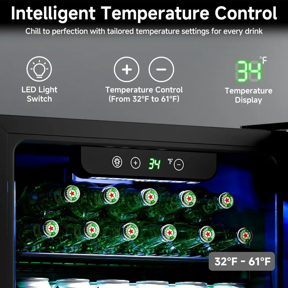 유리 문짝 달린 와인 냉장고, 126 캔 미니 냉장고, 조절 가능한 선반 4 개, 독립형 와인 쿨러