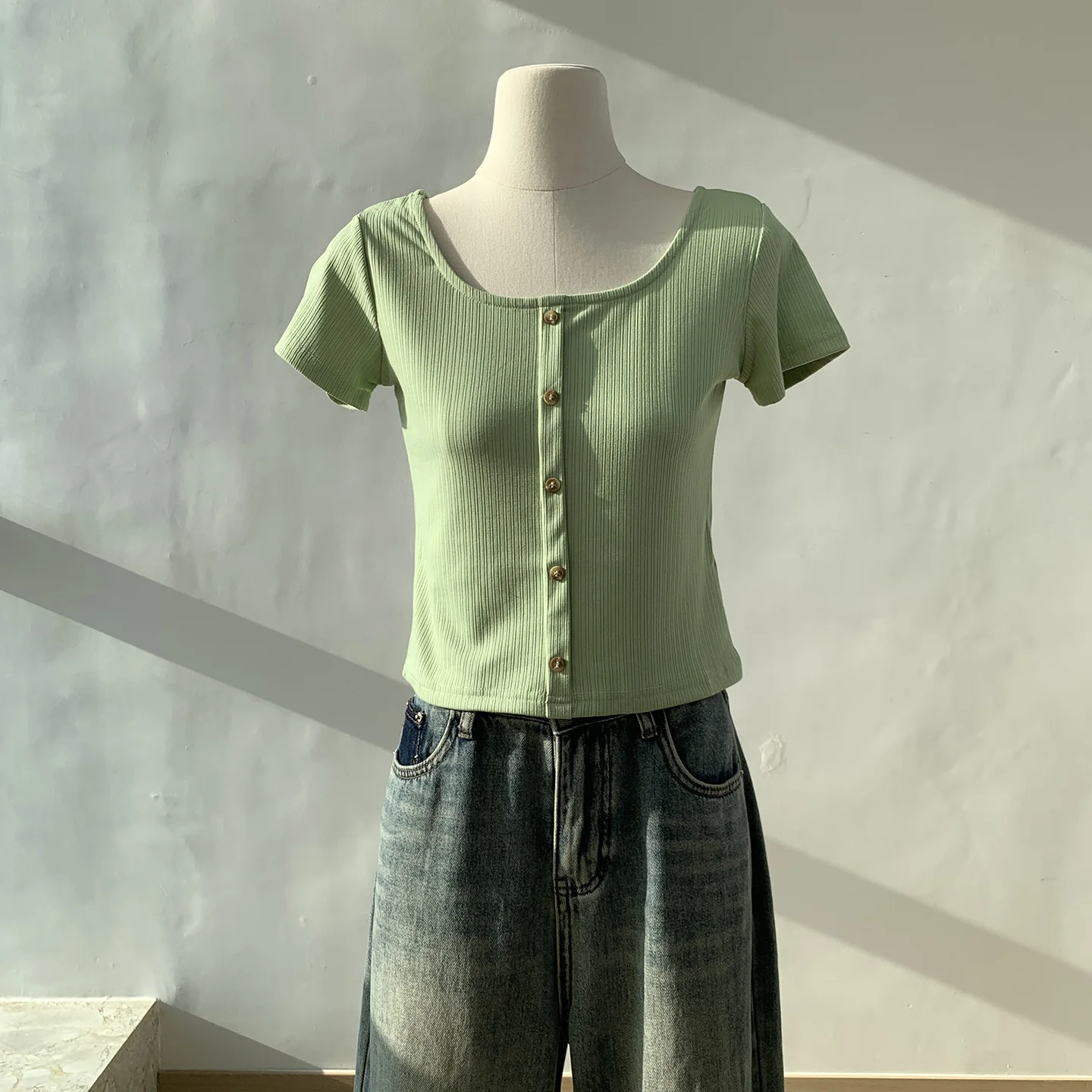 Summer Thin Ice Silk Square Collar Short Sleeve Women's T-Shirt Unique Fit Upper Body Light Green Commute Style Regular Length