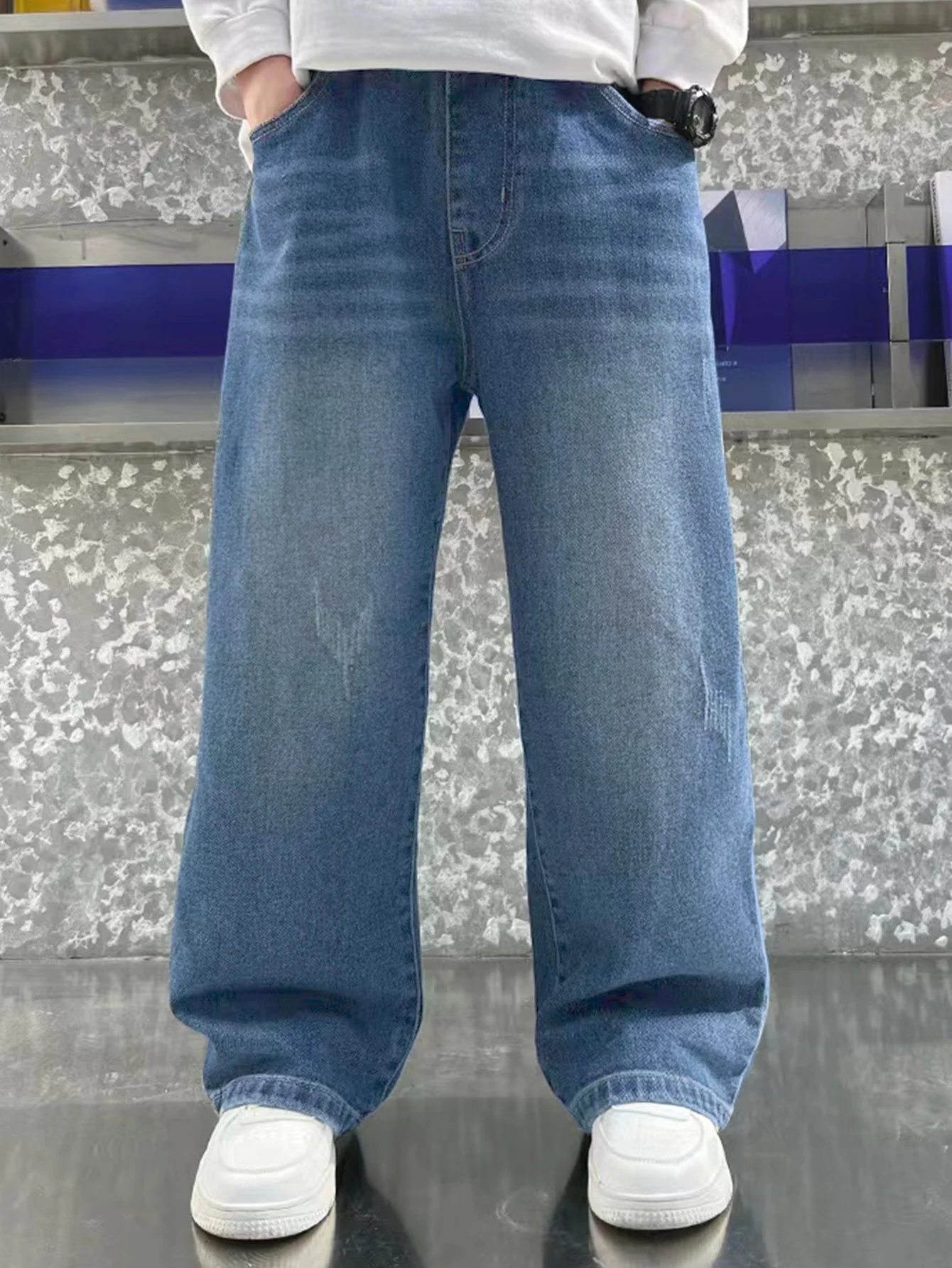 

Loose vintage washed preppy-style straight-leg casual wide-leg long jeans for teenage boys