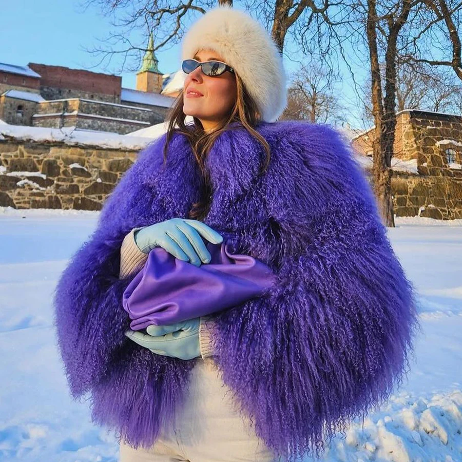 Genuine Furs Coat For Women Mongolian Lamb Fur Jacket Purple Short Sheep Furs Jacket Winter Natural Fur coats