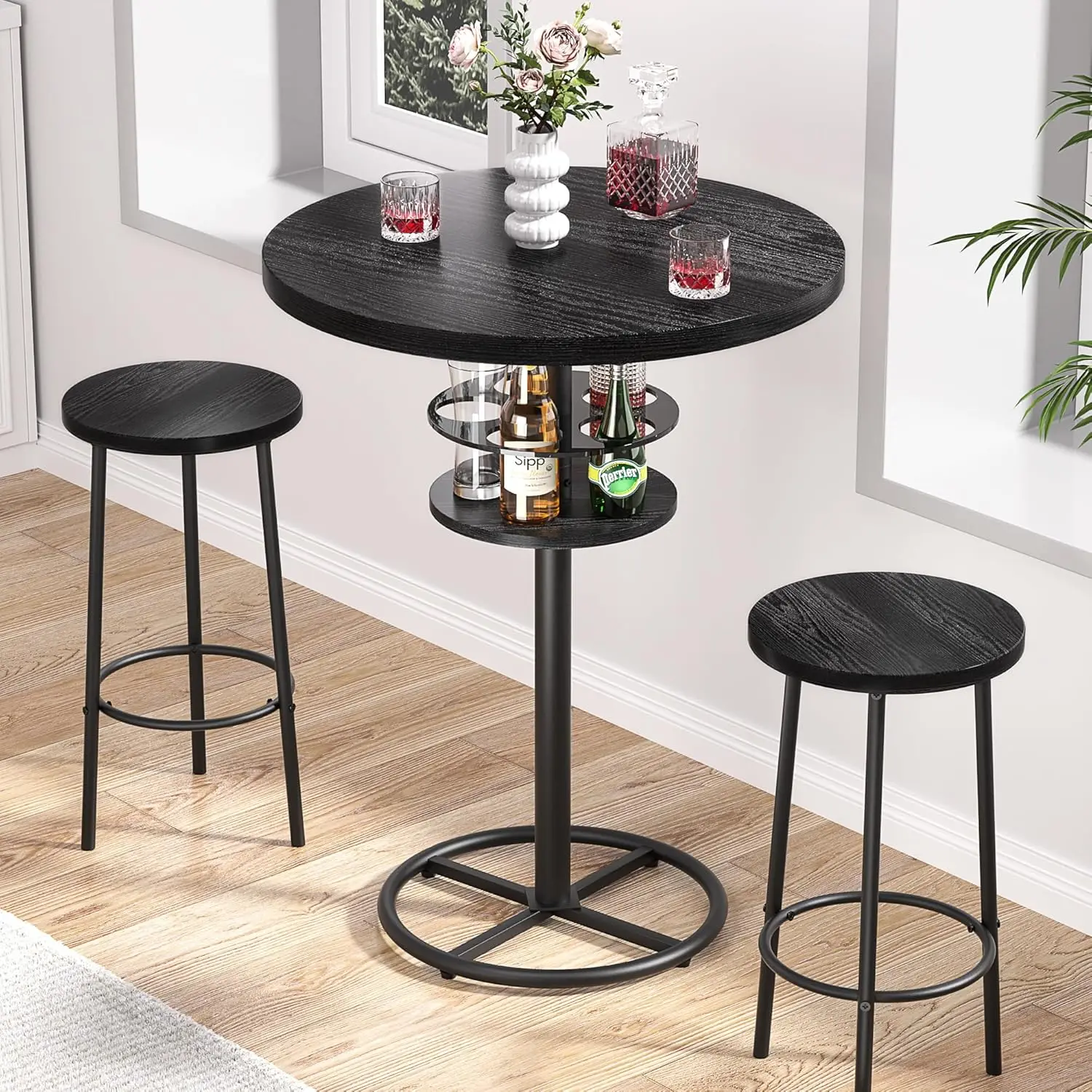 3 Piece Bar Table and Chairs Counter Height Bistro Pub Sets with 2 Barstools for Breakfast Nook, Small Space
