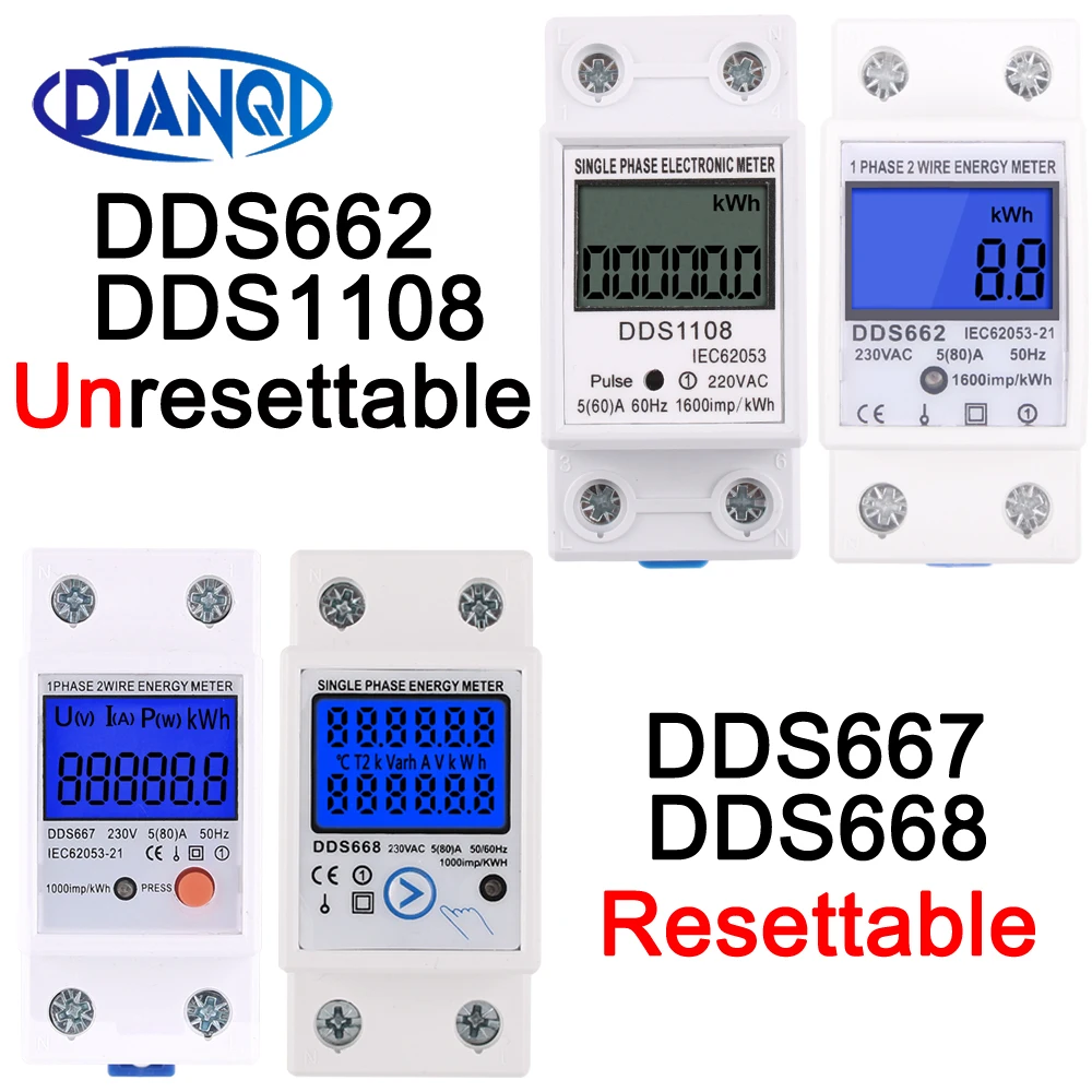 AC230V 60Hz Electric Energy Meter 2P Single Phase LCD Digital Display DIN Rail Mounting 2wire Electric Meter Wattmeter Power kWh