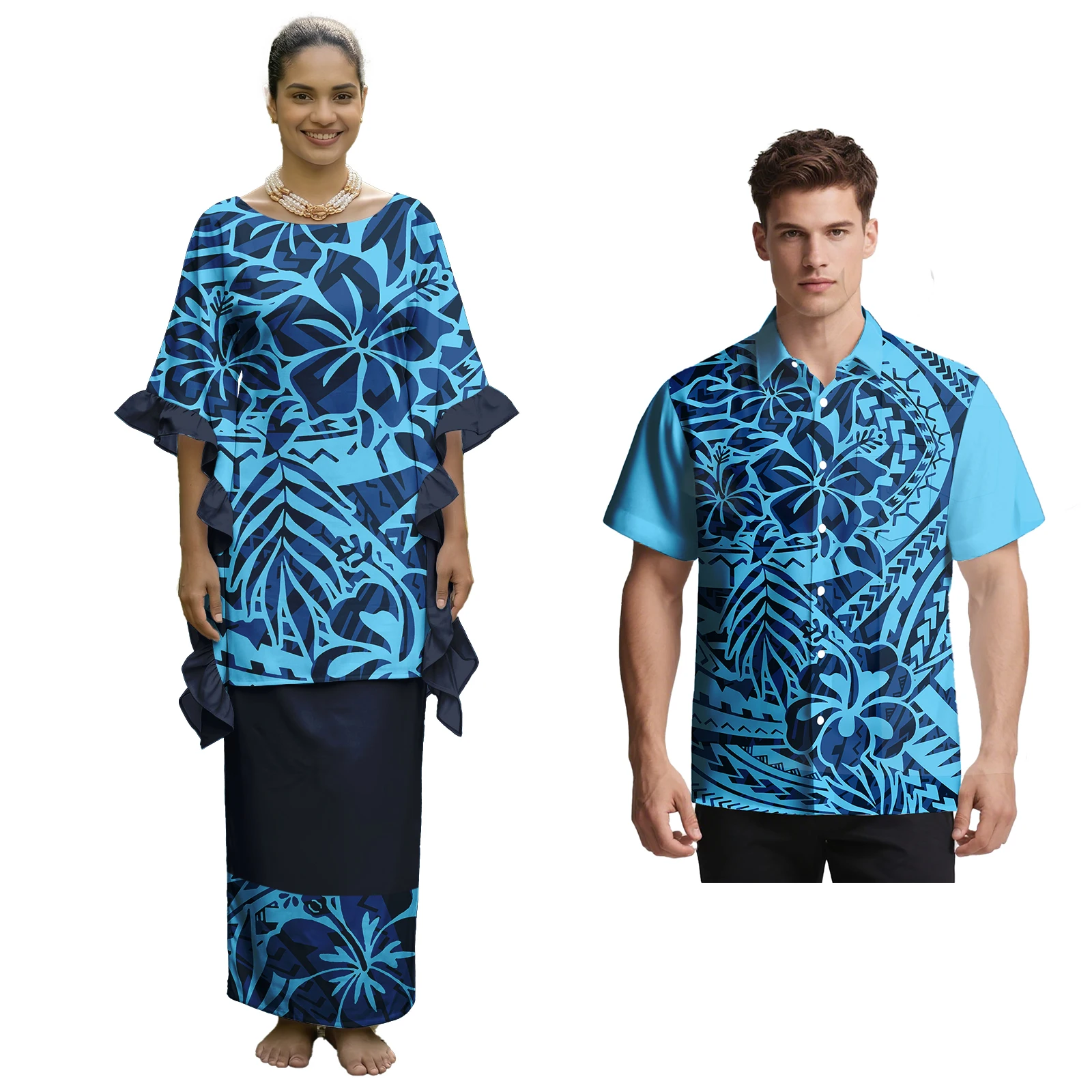 New Arrivals Samoan Polynesian Women Puletasi Men Turn-down Collar Shirts Hawaiian Flowers Custom Church Sweet Lovers Clothing