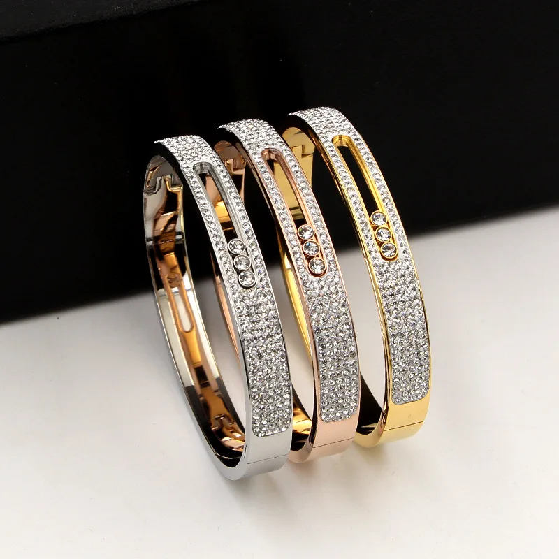 Stone Turnable Bangles For Women Slide Lover Bangles Full Crystal Bangles Bracelet Luxury Brand U Buckle Bangle K0067-1