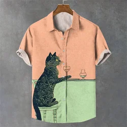 Camicia a maniche corte da uomo in lino giapponese Cat Art