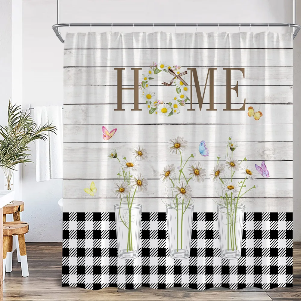 

Занавеска для душа для дома и фермерского дома, черно-белая сетчатая декоративная занавеска для ванной комнаты с цветочным рисунком лаванды из полиэстера