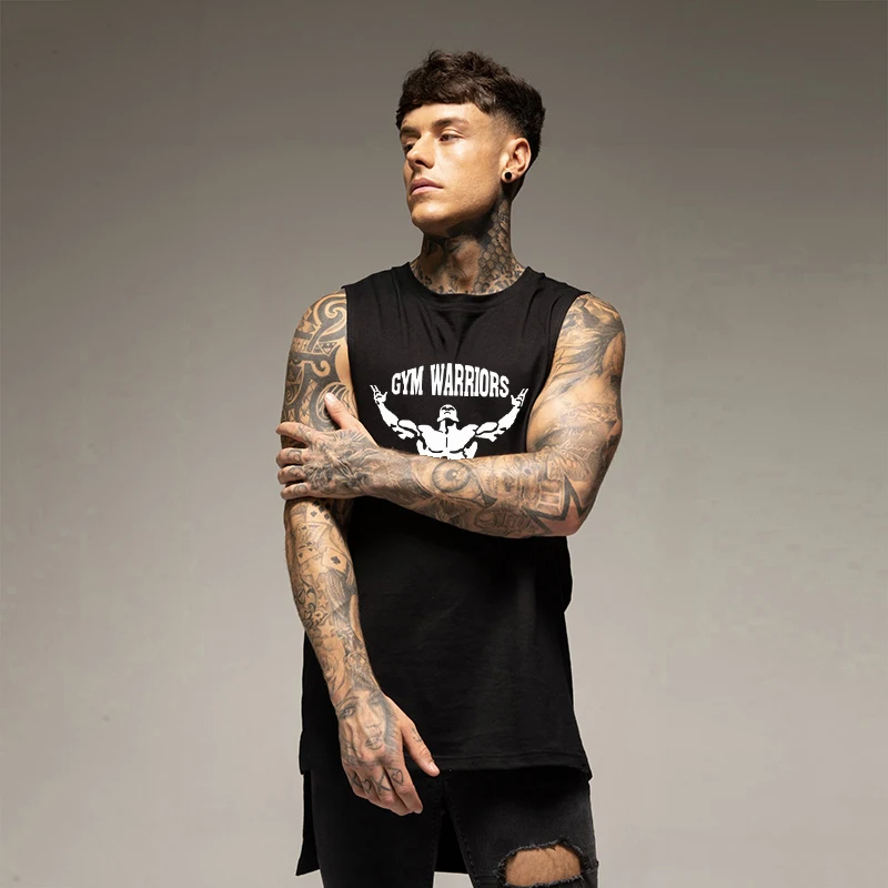 Cotton Running T-Shirt Fashion Gym Workout Tank Top Mens Muscle Sleeveless Sport Clothing Extended Back Singlets Fitness Vest