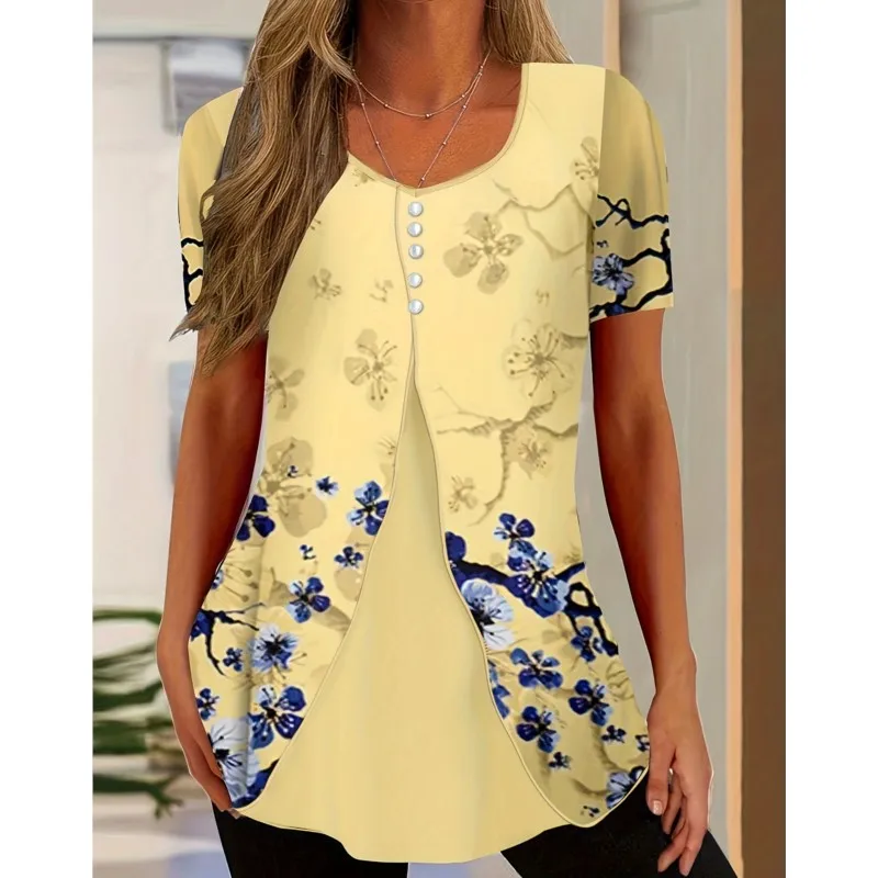 Fake Two-Piece Top Tee Women's Round Neck Short Sleeved Buttons Floral Printing Summer Office Lady Work Casual Straight T-shirts