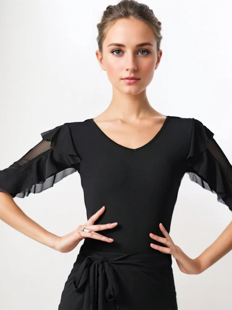 Haut de salle de bal latine pour femmes, coupe cintrée, couleur unie, manches à volants, demi-longueur, vêtements de danse, Tango Samba Rumba, pratique de Performance sur scène