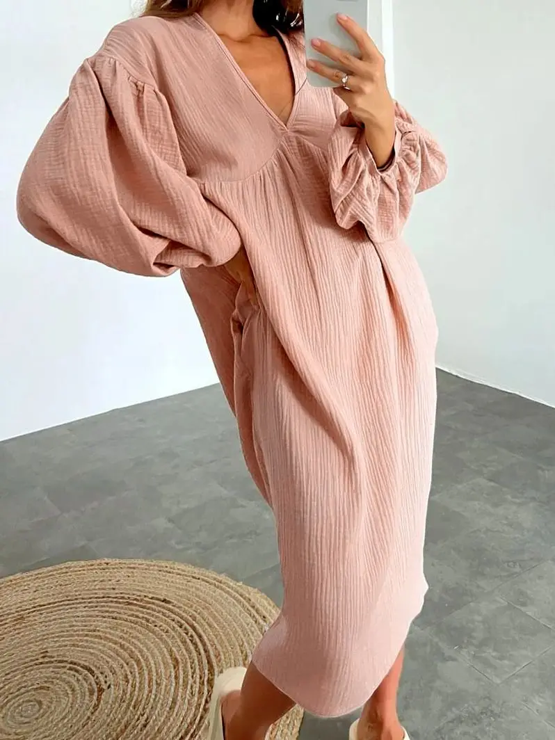 Women's Cotton Dress 2023 New Elegant Casual Long Sleeve A-line Midi Dress Female Loose Fit Oversized Pink Home Wear Clothing