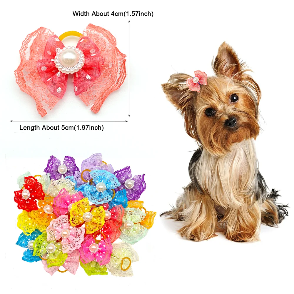 100 Pieces Double Layer Lace Hair Bows For Small Dog Cute Pet Grooming Hair Clips Puppy Hair Accessories With Rubber Band