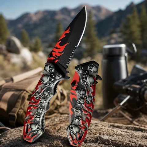Skull Flame Pattern Folding Knife Portable Outdoor Utility Tool Black Red Metal Handle Compact Camping Hiking Picnic Daily Use Accessory