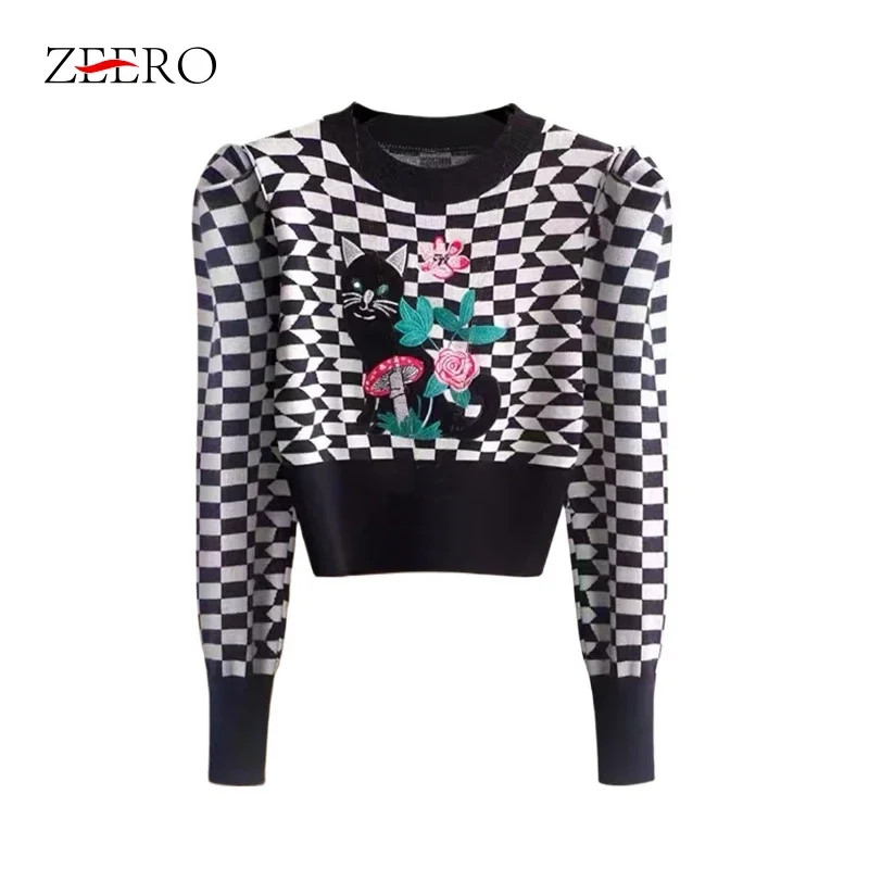 Fall Winter Embroidery Cartoon Jacquard O Neck Knit Sweater Women Retro Long Sleeve Jumper Plaid Knit Pullover Top Sueter Mujer