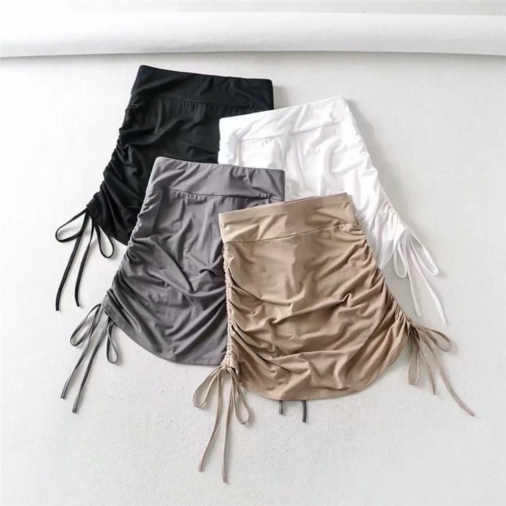 

YPFF High Waist Half Skirt for Women Pleated Side Drawstring Tight Hip Summer Street Shooting Hot Girl European American Style