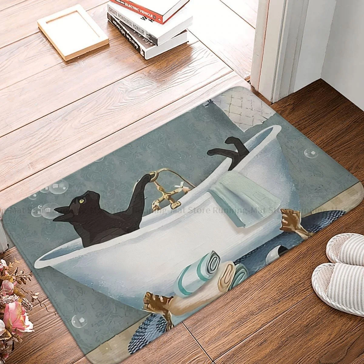 Animals Non-slip Doormat Black Cat Soap In Bathroom Bath Kitchen Mat Welcome Carpet Flannel Pattern Decor