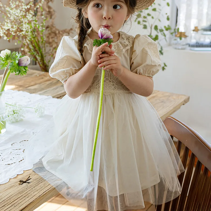 2025Summer Style Strawberry Shan Korean Girl Children Princess Gorgeous Embroidered Tulle Short Sleeve Dress In Stock