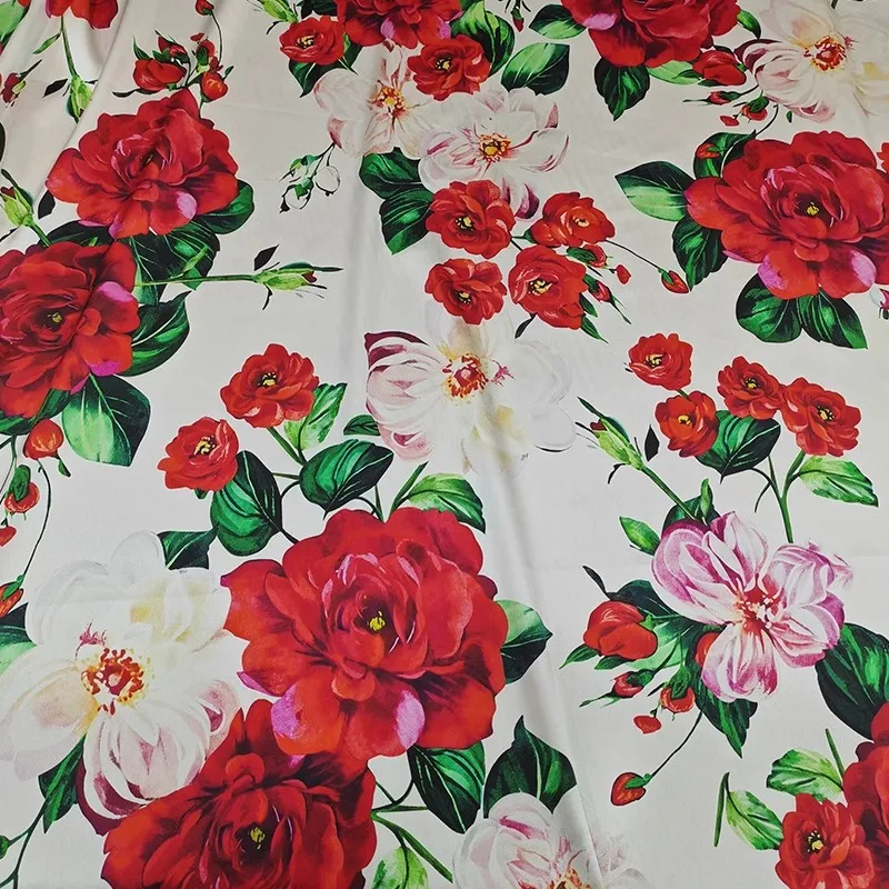 

Красный пион с цветочным принтом, имитирующий шелковый атлас или поплин, хлопчатобумажная ткань для женского летнего платья, блузка, ткань «сделай сам», швейный материал