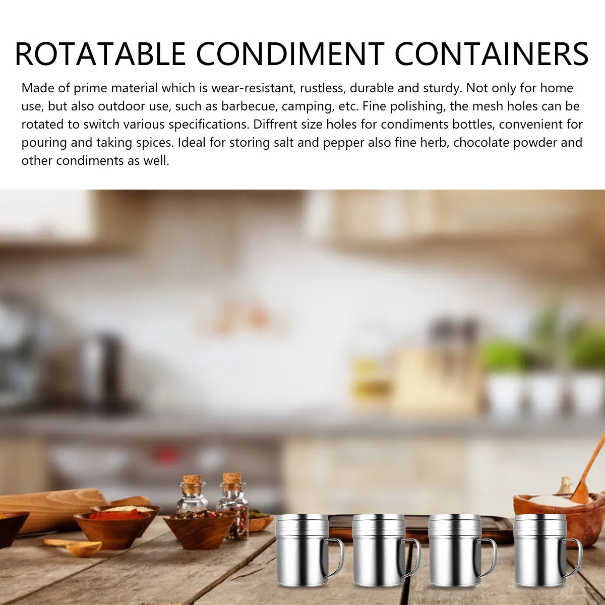 

4 Pcs Stainless Steel Spice Jars Seasoning Bottles Rustless Containers Rotatable Mesh Salt Pepper Herb Storage Home Use