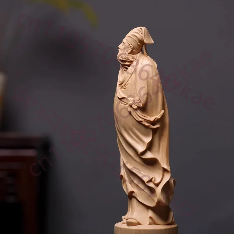 Solid Wood Hand-Carved Su Shi Statue, Scholar Tea Table Ornament, New Chinese Zen Decor for Study & Desk