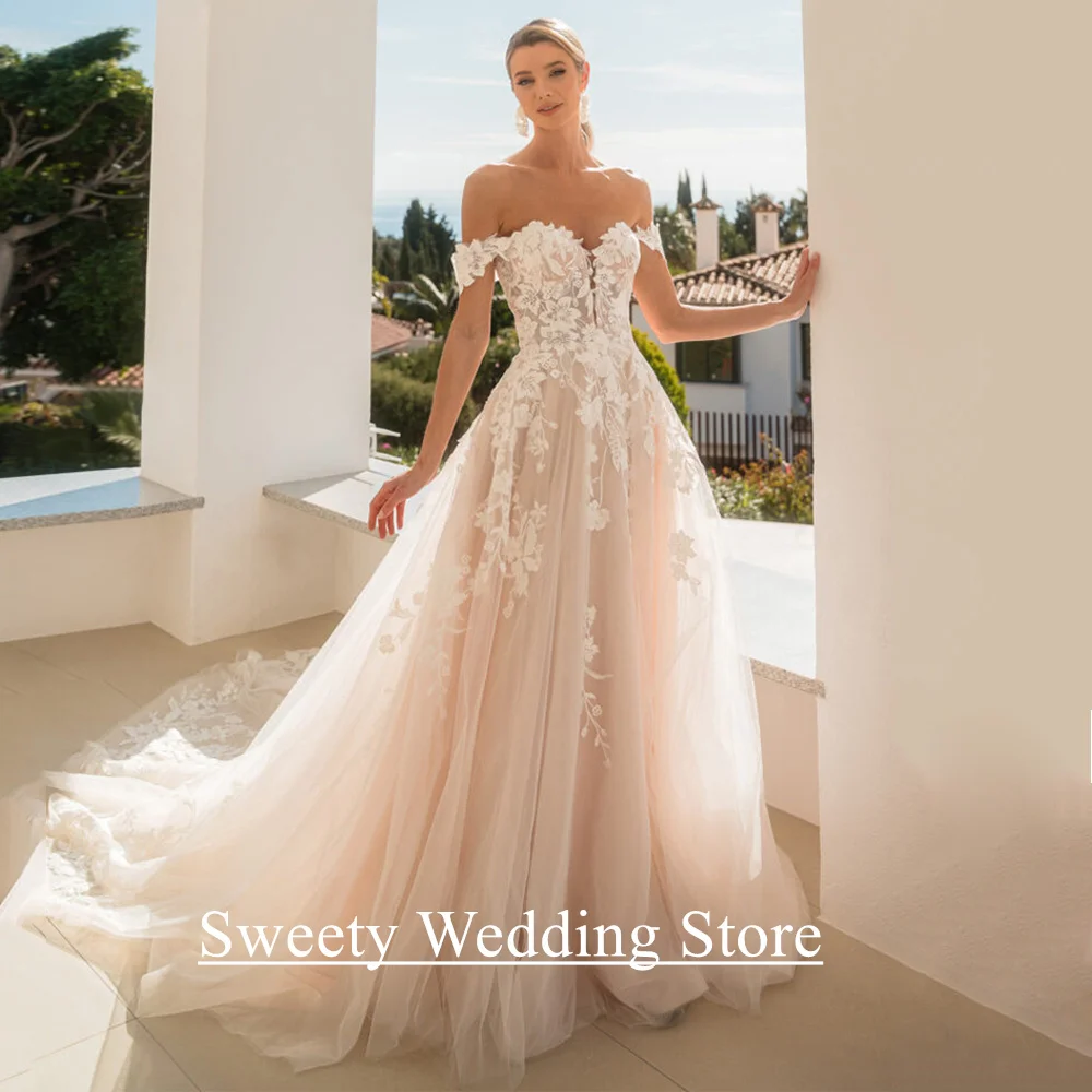 فرشاة الوردي فساتين الزفاف مخصصة العميق الخامس الرقبة قبالة الكتف الدانتيل زين قطار المحكمة مشد ثوب الزفاف فساتين العروس